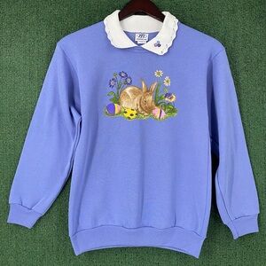 VTG 80’s Easter Bunny Rabbit Eggs Floral Purple Collared Sweatshirt Womens Small
